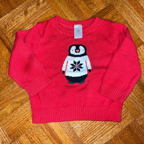 Red White and black penguin sweater 12 months long sleeve Christmas sweater - Picture 2 of 5